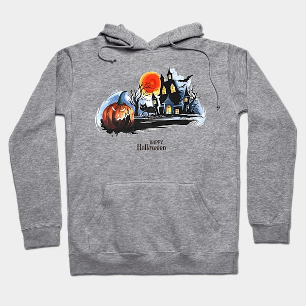 Halloween Scary House Pumpkin Hoodie by Mako Design 